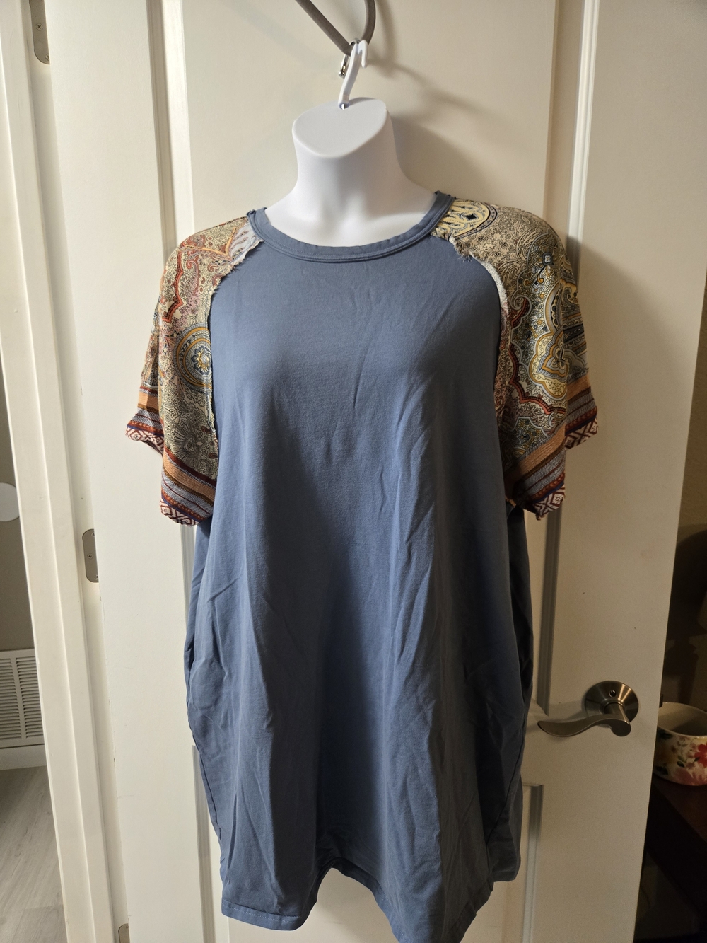 Women's Blue Tunic Dress with Paisley Sleeve Accents And Pockets